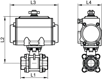 Vanne 3 pièces F/F avec vérin pneumatique inox - Schéma