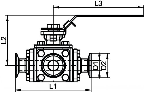 Vanne à boule 3 voies en t hygiénique clamp (Schéma)